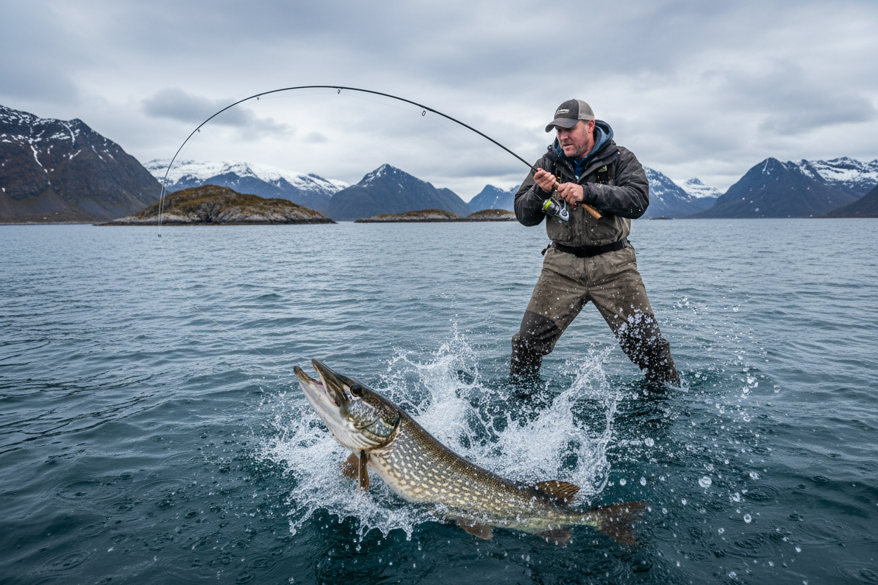 Action‑Shot: Angler mit großer Hecht‑Landung